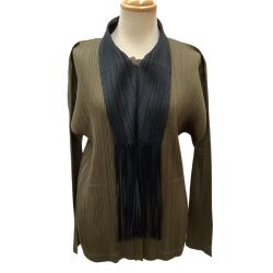 ISSEY MIYAKE イッセイミヤケ PLEATS PLEASE 襟フリンジ 変形シャツ SIZE 3 PP71-JD144 カーキ Bランク