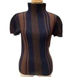 ISSEY MIYAKE イッセイミヤケ カットソー ボーダー ワッフルプリーツ MI93FK275 ネイビー×ブラウン Bランク