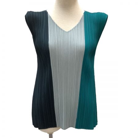  ISSEY MIYAKE イッセイミヤケ PLEATS PLEASE ノースリーブ カットソー 変形 グリーン×グレー×ブラック