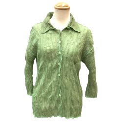 ♪♪ ISSEY MIYAKE イッセイミヤケ 波プリーツ シャツ シフォン ストライプ SIZE 3 IM22FJ922 黄緑 Bランク