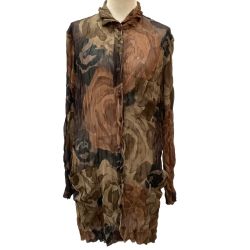 ♪♪ ISSEY MIYAKE イッセイミヤケ シワ加工 透け感 シャツ 総柄  ブラウン Bランク