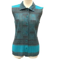 ♪♪ ISSEY MIYAKE イッセイミヤケ PLEATS PLEASE 総柄 レース ノースリーブブラウス シャツ PP22-JE831 ターコイズブルー Bランク