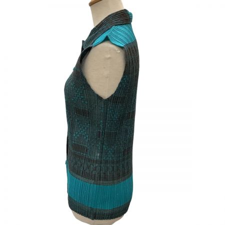  ISSEY MIYAKE イッセイミヤケ PLEATS PLEASE 総柄 レース ノースリーブブラウス シャツ PP22-JE831 ターコイズブルー
