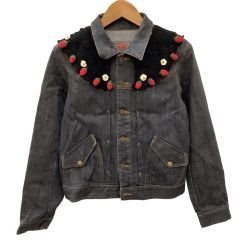 ♪♪ PINK HOUSE ピンクハウス レア デニムジャケット SIZE M レース編み イチゴ 白花 襟付き ブラック Bランク