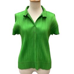 ♪♪ ISSEY MIYAKE イッセイミヤケ PLEATS PLEASE カットソー ポロシャツ  SIZE 3 PP83-JK121 黄緑 Bランク