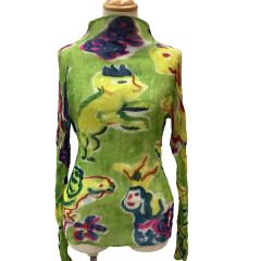 ISSEY MIYAKE イッセイミヤケ シフォン 波プリーツ カットソー 総柄 アニマル 水彩 SIZE 2 IM01FJ289 黄緑 Bランク