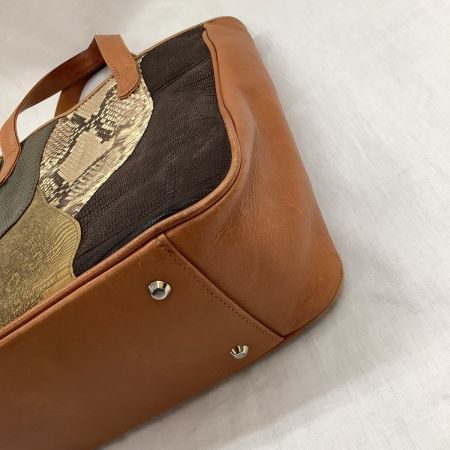 貴彦 レディース ハンドバッグ レザー パイソン パッチワーク キャメル