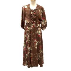 KANEKO ISAO カネコイサオ PINK KOUSE レディース ワンピース 花柄 リボン ピコフリル 前ボタン ブラウン Bランク