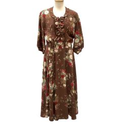 KANEKO ISAO カネコイサオ PINK KOUSE レディース ワンピース 花柄 リボン ピコフリル 前ボタン ブラウン Bランク