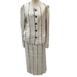 ISSEY MIYAKE イッセイミヤケ ストライプ ライン染めシワプリーツ セットアップ ジャケット スカート SIZE 2 ホワイト Bランク