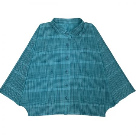  ISSEY MIYAKE イッセイミヤケ PLEATS PLEASE 変形 チェック シャツ SIZE 3 スカイブルー