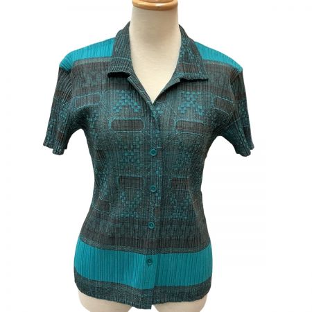  ISSEY MIYAKE イッセイミヤケ PLEATS PLEASE シャツ 総柄 SIZE 3 PP22-JJ832 グリーン