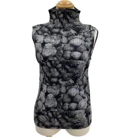 ISSEY MIYAKE イッセイミヤケ PLEATS PLEASE ノースリーブカットソー 植物柄 モノクロ SIZE 3 PP63-JK691 グレー