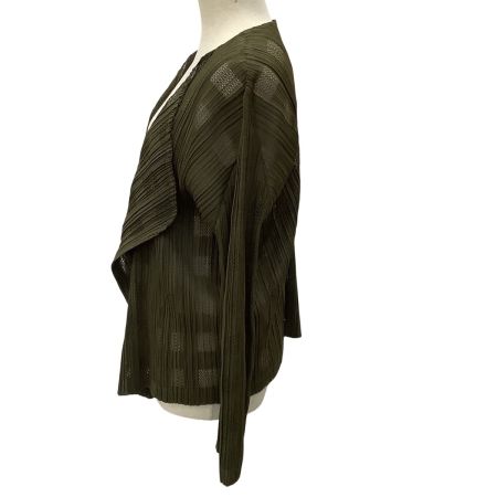 ISSEY MIYAKE イッセイミヤケ PLEATS PLEASE カーディガン  メッシュ チェック SIZE 3 PP63-J0553 オリーブ