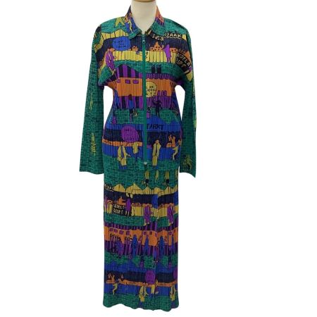 ISSEY MIYAKE イッセイミヤケ 希少 PLEATS PLEASE ジャケット スカート セットアップ 石畳の街風景 SIZE 3 グリーン