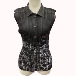ISSEY MIYAKE イッセイミヤケ PLEATS PLEASE ノースリーブ シャツ デニム転写 星柄 SIZE 3 PP22-JE814 グレー Bランク