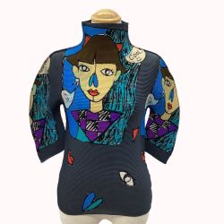 ISSEY MIYAKE イッセイミヤケ プリーツ カットソー 絵画柄  MI63FK571 グレー Bランク
