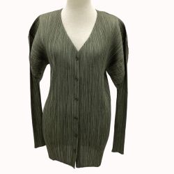 ISSEY MIYAKE イッセイミヤケ PLEATS PLEASE  Vネックプリーツカーディガン  SIZE 3 PP86-JD246 グリーン Bランク