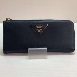 □□ PRADA プラダ L字ファスナー長財布 PRADA サフィアーノ  ネイビー Bランク