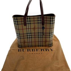 □□ BURBERRY バーバリー キャンバス×レザー チェック柄 ハンドバッグ  T-03-1 ブラウン Aランク