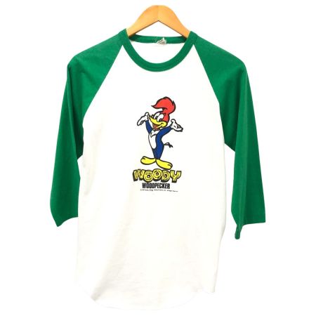  80s SCREEN STARS カットソー 7分袖カットソー SIZE M ウッドペッカー 古着 ホワイト x グリーン
