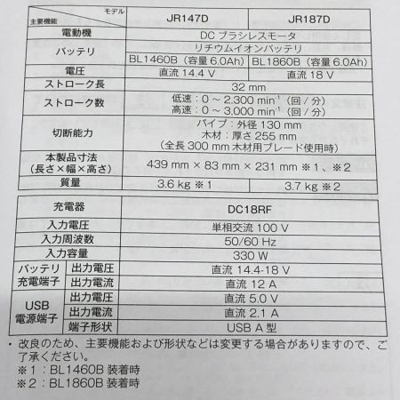  MAKITA マキタ 充電式レシプロソー 18V JR187DRGX 青