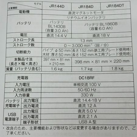  MAKITA マキタ 充電式レシプロソー 18V JR184DT