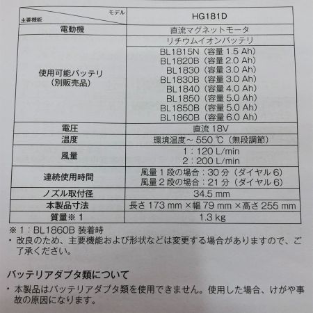  MAKITA マキタ 充電式ヒートガン 18V HG181DZK 青