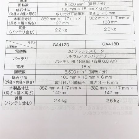  MAKITA マキタ 100mm充電式ディスクグラインダ 18V GA418DZ