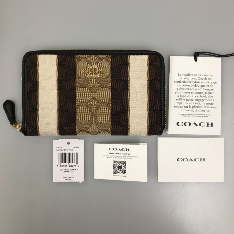 中古】 COACH コーチ シグネチャー ラウンドファスナー財布 ストラップ