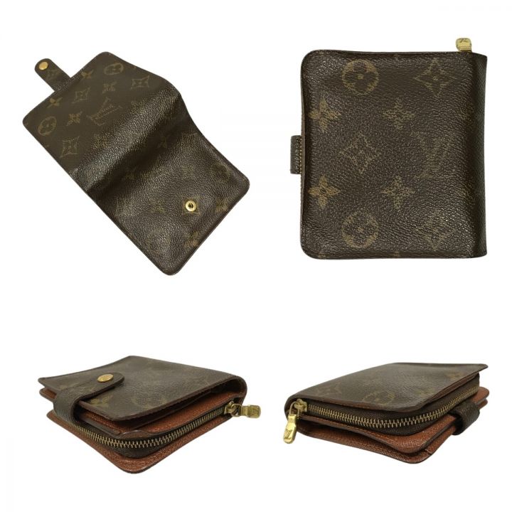 美品❣️ルイヴィトン モノグラム コンパクトジップ 二つ折り財布 ブラウン 茶 ルイヴィトン LOUIS VUITTON 財布 二つ折り モノグラム