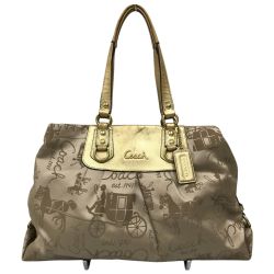 ## COACH コーチ アシュリーホース キャリッジサテンキャリーオール トートバッグ ジャンク品 F15656 ベージュ×ゴールド Dランク