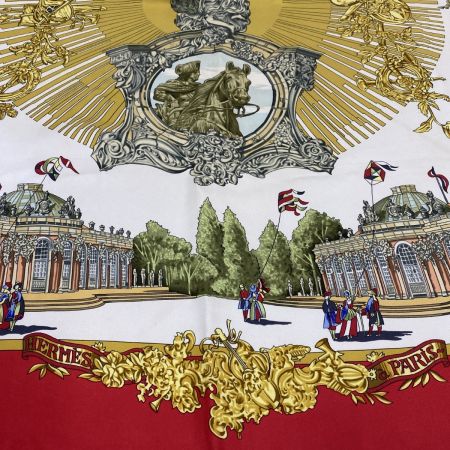  HERMES エルメス カレ90 プリーツスカーフサンスーシ宮殿 大判シルクスカーフ レッド