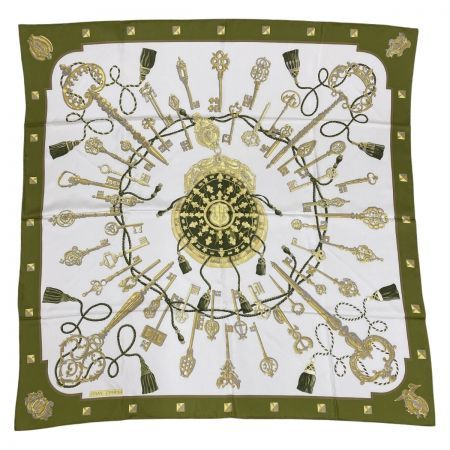  HERMES エルメス カレ90 鍵柄 大判シルクスカーフ オリーブ