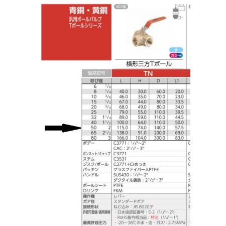  KITZ 400型 黄銅製3方2面シートボールバルブ TN-50A