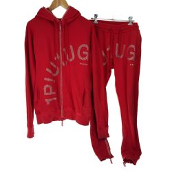1PIU1UGUALE3 RELAX セットアップ ラインストーンロゴ パーカーXXL/パンツL レッド ヨゴレ・色褪せ・型崩れ有 Cランク