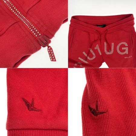 1PIU1UGUALE3 RELAX セットアップ ラインストーンロゴ パーカーXXL/パンツL レッド ヨゴレ・色褪せ・型崩れ有