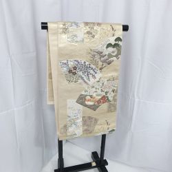 ◆◆  着物 帯 袋帯  扇形　鳥　波　花　金 アイボリー 九百錦琳派千代末広文　　一部地域を除き送料無料 Bランク