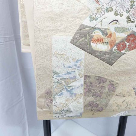 中古】 着物 帯 袋帯 扇形 鳥 波 花 金 アイボリー 九百錦琳派千代末広