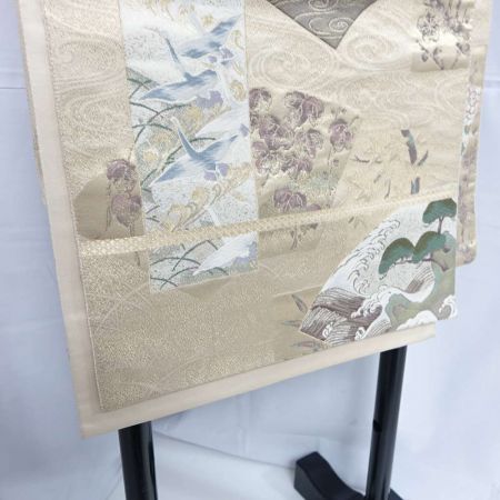 中古】 着物 帯 袋帯 扇形 鳥 波 花 金 アイボリー 九百錦琳派千代末広