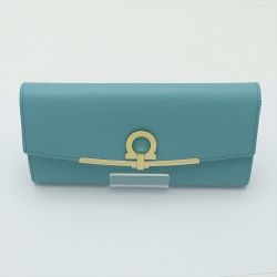 ◆◆ Ferragamo フェラガモ ガンチーニ 内部ヨゴレ有 レザー　財布 エメラルドグリーン 一部地域を除き送料無料 Bランク