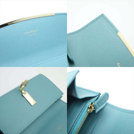  Ferragamo フェラガモ ガンチーニ 内部ヨゴレ有 レザー　財布 エメラルドグリーン 一部地域を除き送料無料