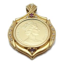 ◆◆  マン島 キャットコイン 金貨 1/5oz 1992年 メレダイヤ・ルビー　総重量13.2ｇ　K18枠 ペンダントトップ Bランク