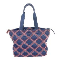 ◆◆ TORY BURCH トリーバーチ 刺繍柄　トートバッグ ネイビー x レッド Bランク