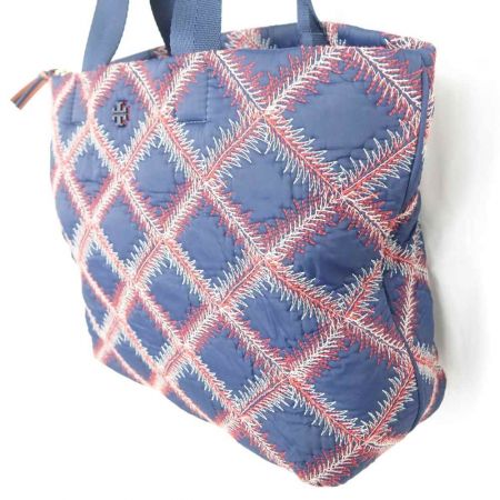  TORY BURCH トリーバーチ 刺繍柄　トートバッグ ネイビー x レッド