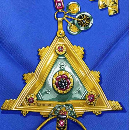  HERMES エルメス カレ 90 PARURES DES SABLES 砂漠のアクセサリー 宝石 スカーフ シルク  レディース  ブルー