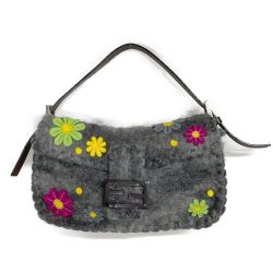 ◆◆ FENDI フェンディ マンマバケット　フェルト　フラワー　ハンドバッグ グレー Bランク