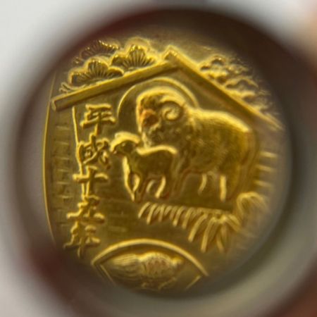    平成15年干支「未歳」七福神招福小判根付　ストラップ　木箱入り　18金製　4.4ｇ