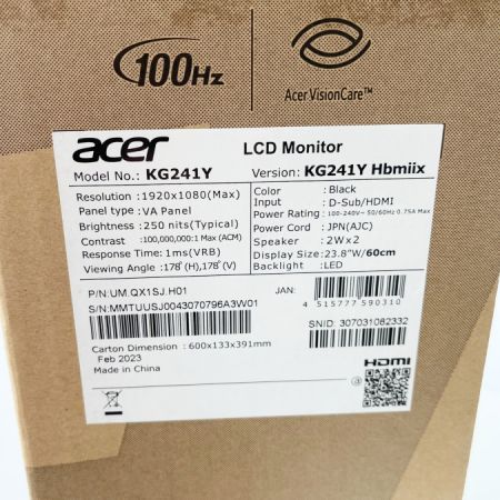 中古】 acer エイサー ゲーミングモニター 23.8インチ 2023年製 KG241Y