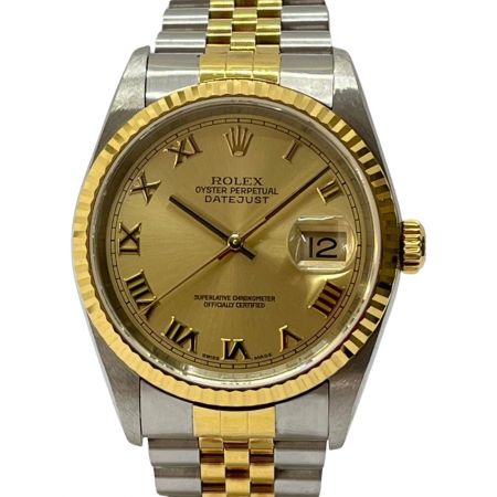  ROLEX ロレックス デイトジャスト　Y番　コンビ　メンズ　ローマン　ゴールド文字盤　腕時計 16233